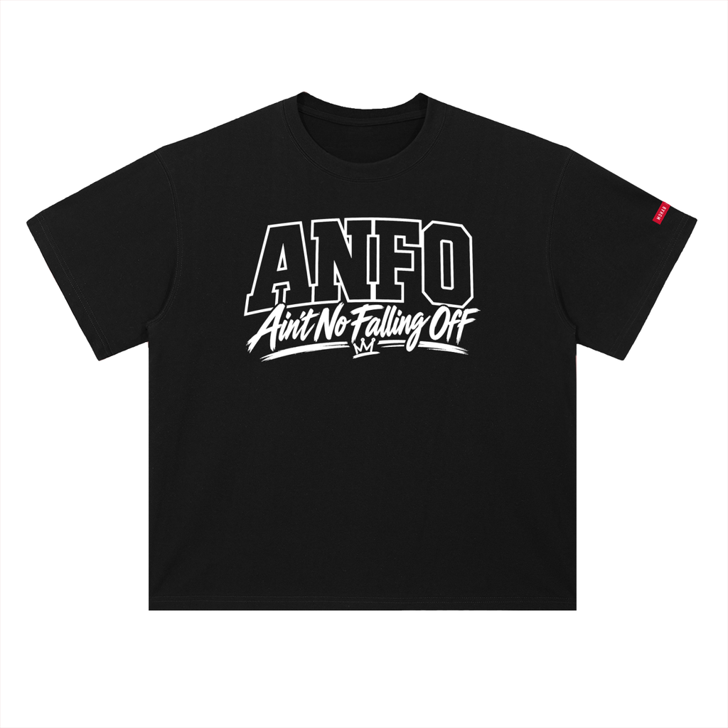 Black ANFO Classic White Graphic Tee featuring the bold white “Ain’t No Falling Off” design and a red MOHAB label on the left sleeve, shown on a white background