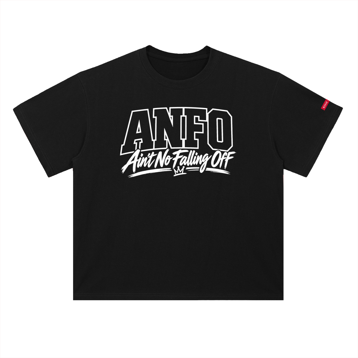 Black ANFO Classic White Graphic Tee featuring the bold white “Ain’t No Falling Off” design and a red MOHAB label on the left sleeve, shown on a white background