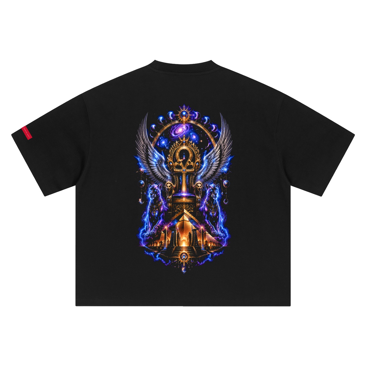 A black short-sleeve t-shirt with a large, detailed fantasy graphic on the back featuring a glowing golden throne, wings, and blue cosmic energy, shown against a plain white background.