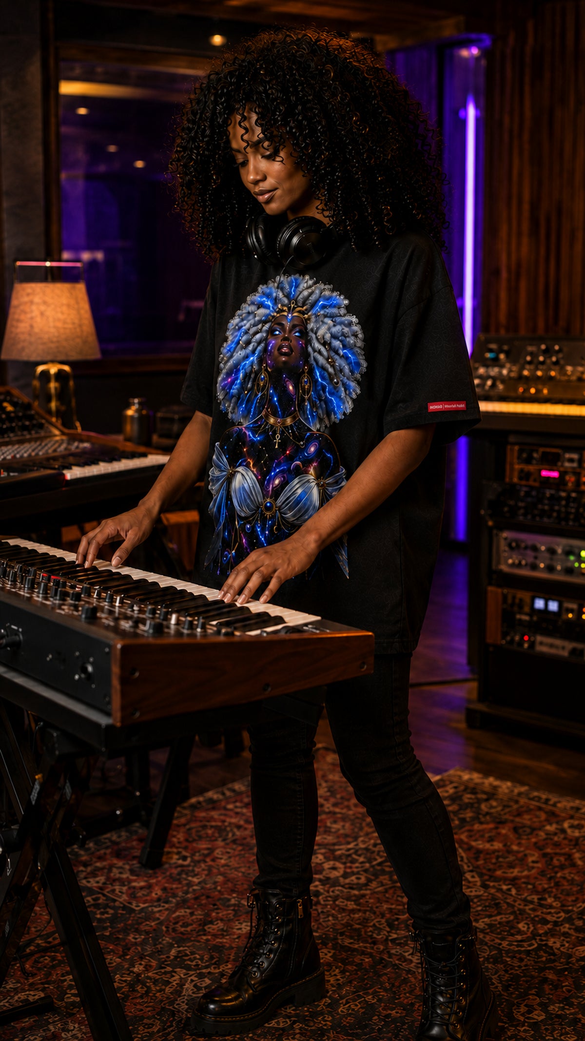 A woman with curly hair stands in a recording studio playing a keyboard, wearing a black graphic t-shirt with a vibrant blue and purple design, black pants, and black boots.
