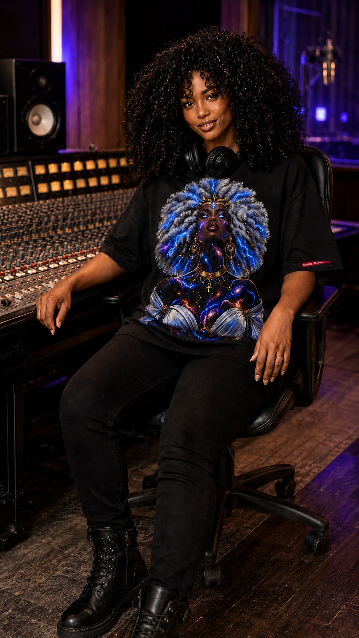A woman with voluminous curly hair sits in a recording studio chair, wearing a black graphic t-shirt with a vibrant blue and purple lion-print design, black pants, and black boots.