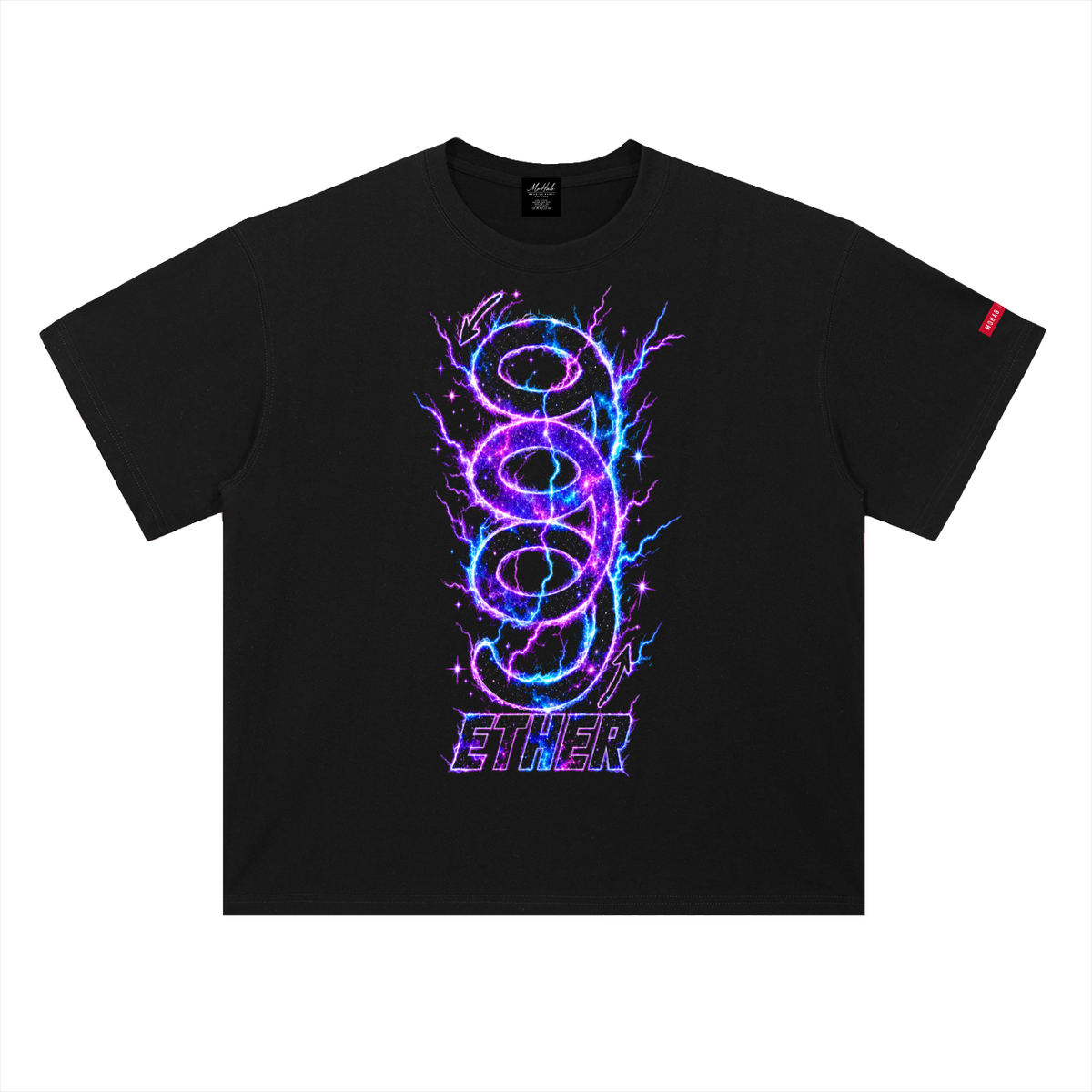 Black Nine (9) Ether Cosmic Energy Graphic Tee featuring a large purple-and-blue neon electric design with ETHER lettering on the front.