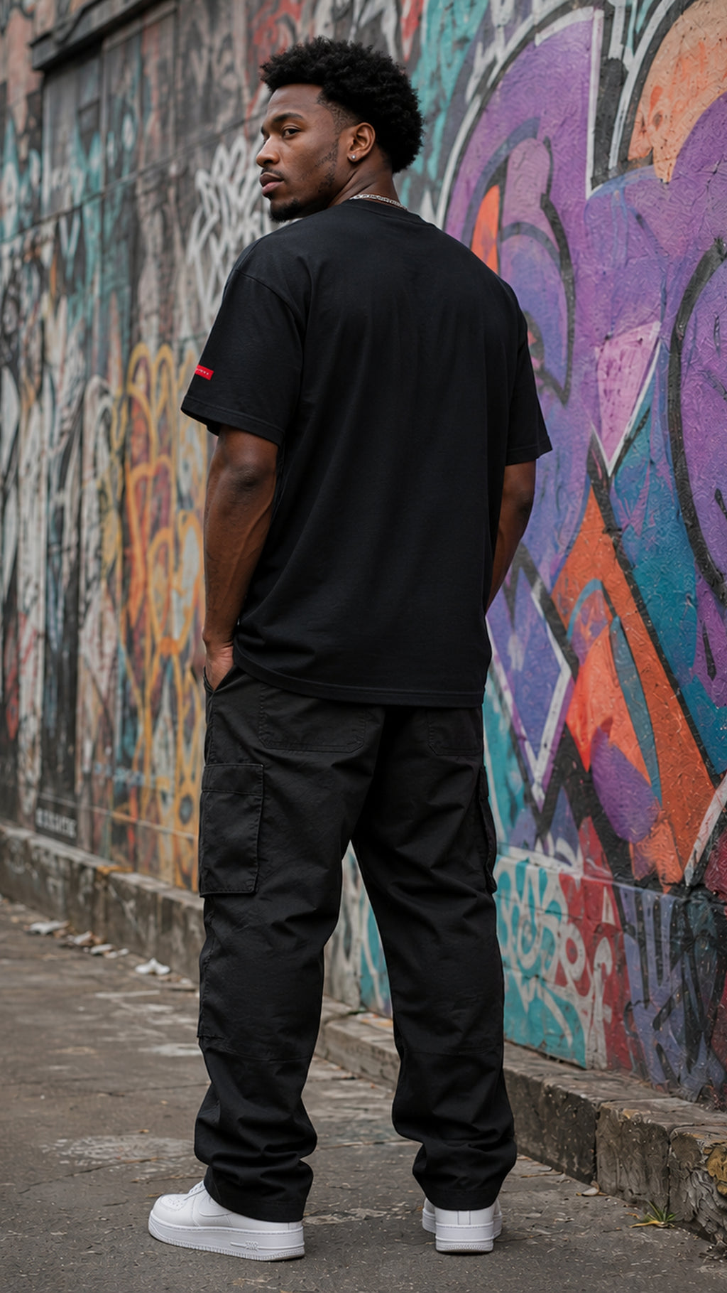 Back view of a man wearing the black Unlock Your Inner-G Graphic Tee with black cargo pants and white sneakers, standing in front of a colorful graffiti wall.